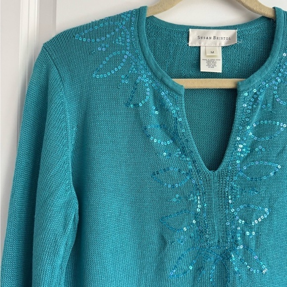 Susan Bristol V-Neck Sweater Split Neck Sequin Knit Turquoise Resort Top Medium - Picture 3 of 9